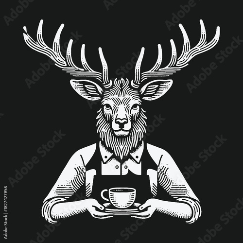 Vintage black and white illustration of a deer barista serving coffee.