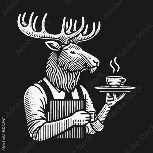 Vintage engraving style illustration of a moose barista serving coffee.