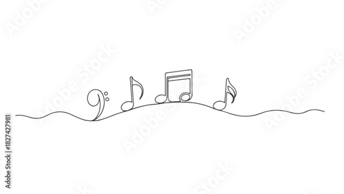 Continuous one line art drawing of musical notes and a bass clef, a minimalist melody illustration representing a simple sound concept