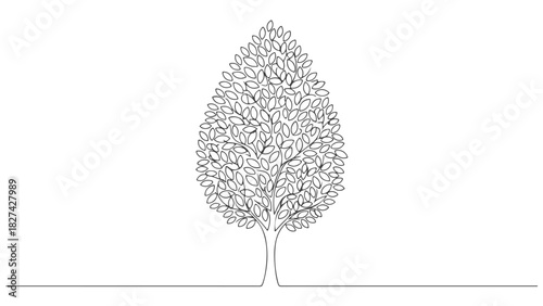Minimalist one line art illustration depicting a healthy tree, rendered with a smooth and continuous artistic stroke that emphasizes organic form and natural beauty