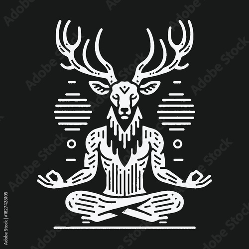 Mystical Anthropomorphic Deer Meditating in Graphic Style.