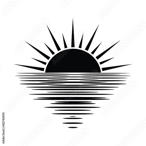 Stylized black silhouette of a sun rising or setting over the ocean, with sharp rays emanating upwards and a serene horizontal line reflection on the water's surface, clean graphic.