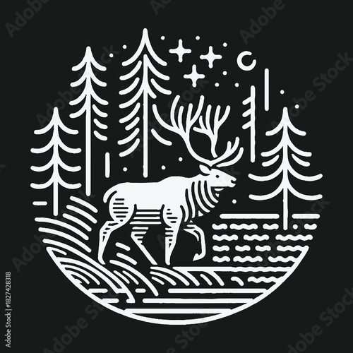 Majestic elk walking through a pine forest under a starry night sky line art.