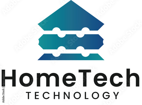 Modern HomeTech Technology Logo with Gradient House Icon. Futuristic smart home tech logo with geometric gradient house symbol for branding