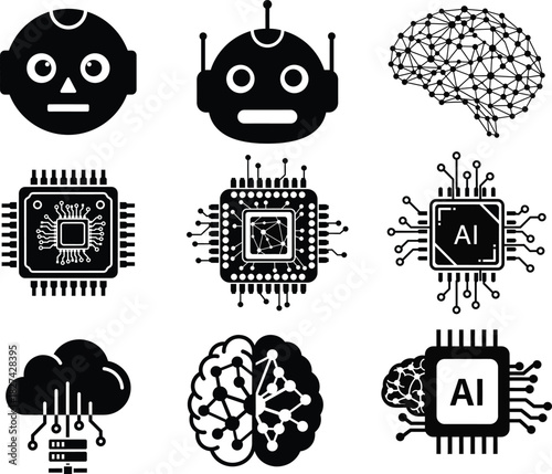 Black and white ai technology vector icon set