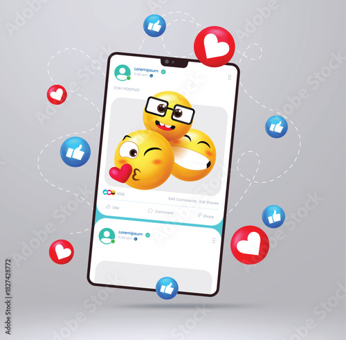 Fun 3D emojis and floating social reactions like hearts and likes, surrounding a smartphone post layout. Perfect for digital content, marketing, UI/UX design, and engagement tools.