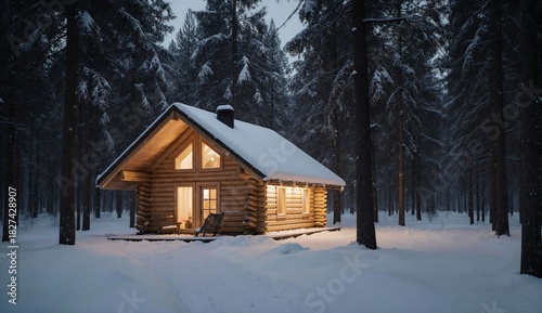 Cozy winter cabin in snowy forest - ultra realistic