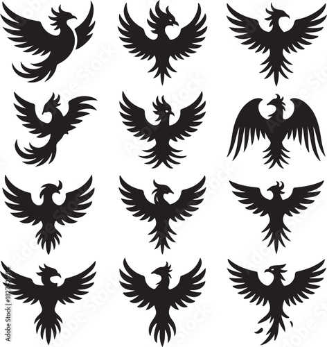 Collection of Phoenix Vector Silhouettes Illustration for Logos and Design