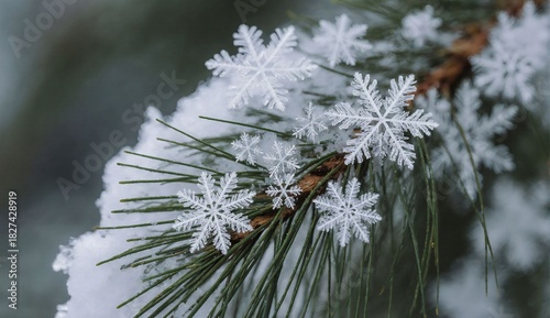 Macro snowflakes on pine needles - ultra realistic