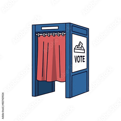 Voting booth with curtain ballot box sign, cartoon vector, blue red, election privacy democracy