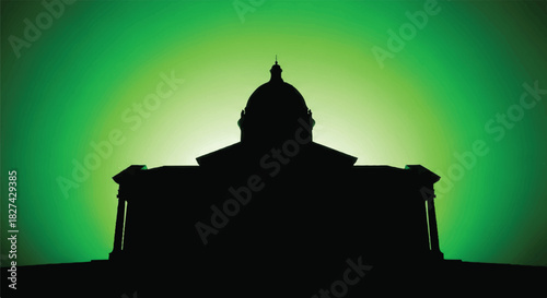 Silhouetted domed building at night with vivid green backlight and dramatic glow.