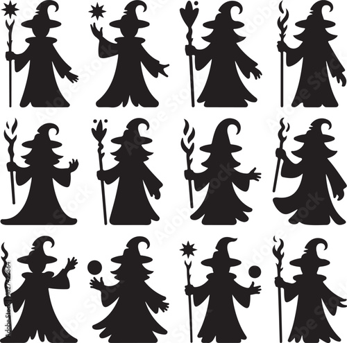 Collection of Silhouette Wizards and Magicians with Staffs and Magic Balls