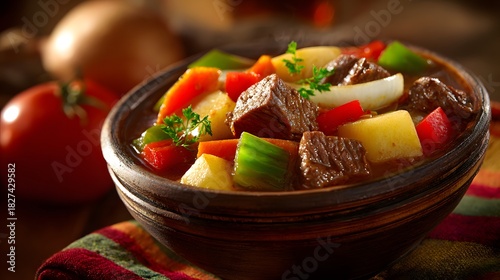 Fototapeta Naklejka Na Ścianę i Meble -  Hearty Beef Stew with Colorful Vegetables in a Rustic Bowl.
