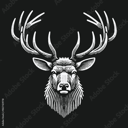 Monochrome stag head illustration with large antlers.