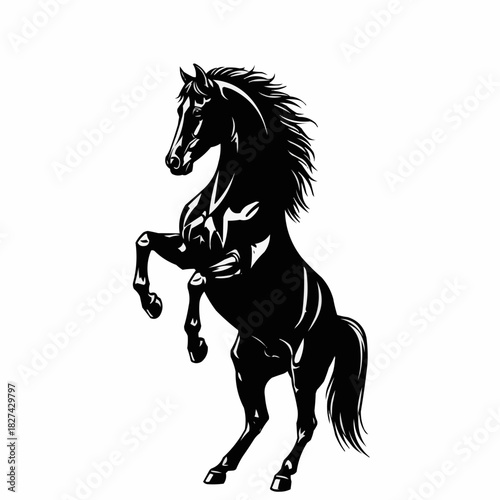 Powerful black stallion horse rearing up on its hind legs.