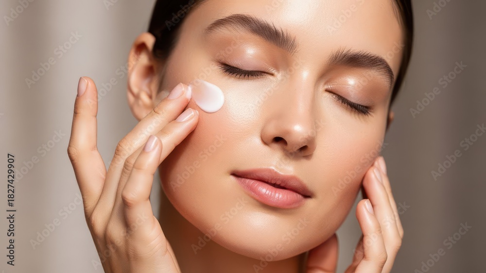 Fototapeta premium Beautiful Woman Gently Applies Facial Product for Glowing Skin