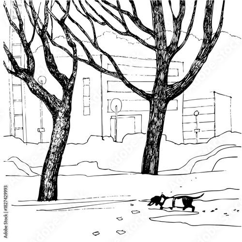 Hand-drawn vector sketch of a dachshund walking through the urban landscape of Lahti, Finland. Detailed city scene with trees, buildings, and a small dog, perfect for editorial use, branding, prints