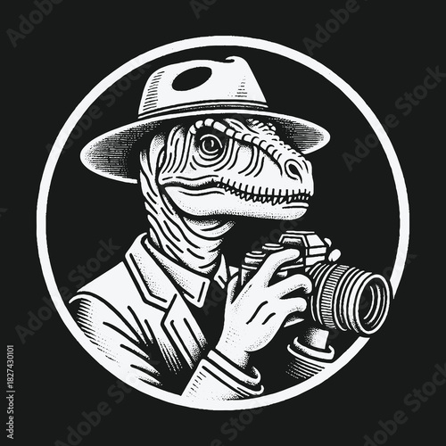 Anthropomorphic dinosaur photographer wearing a fedora hat.