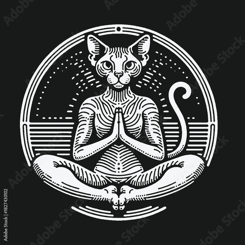 Zen Sphynx cat meditating in a lotus yoga pose emblem.