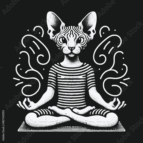 Zen Sphynx Cat Practicing Yoga and Meditation Illustration.