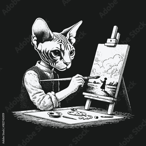 Creative anthropomorphic Sphynx cat artist painting a masterpiece on an easel.