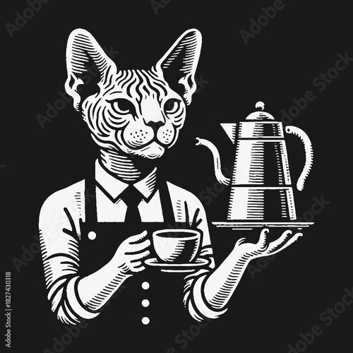 Monochrome illustration of an anthropomorphic Sphynx cat barista serving coffee.