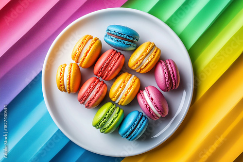 Macarons on a white plate on multi-colored background close-up top view.