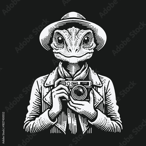 Anthropomorphic Lizard Photographer with Vintage Camera Illustration.
