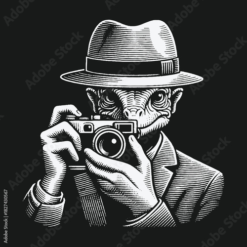 Anthropomorphic Lizard Detective Photographer with Vintage Camera Illustration.