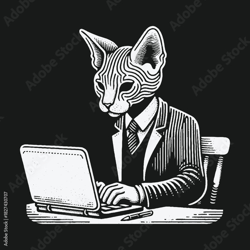 Anthropomorphic Sphynx Cat in Business Suit Working on Laptop.