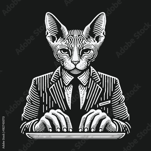 Monochrome engraving style illustration of a Sphynx cat businessman typing.
