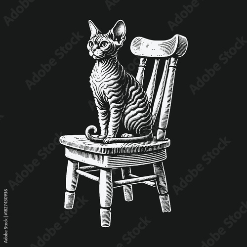 Elegant Sphynx cat sitting on a vintage wooden chair illustration.