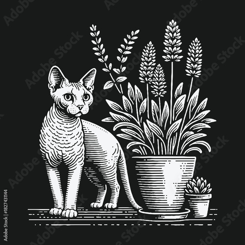 Vintage engraving style illustration of a Sphynx cat with plants.