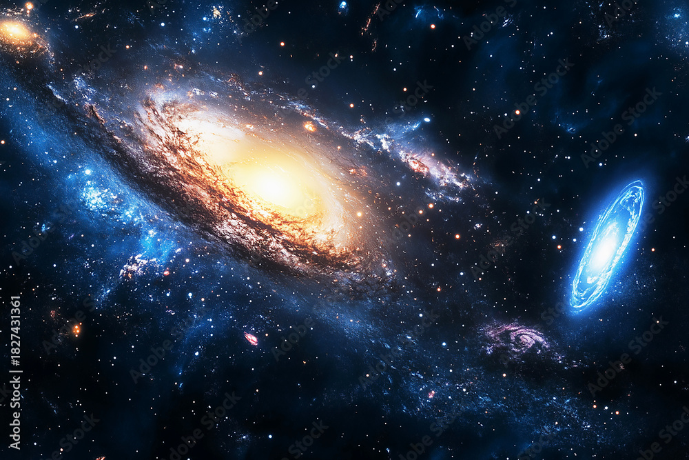 Fototapeta premium Spiral galaxy and galaxy cluster in space.