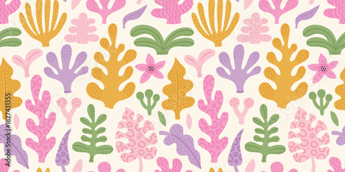 Seamless jungle tropical abstract pattern with palm tree, leaves. Soft pastel colors, orange, pink, green. Summer texture. Vector illustration. White background.