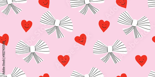 Seamless pattern with Romantic smiling hearts and bows, Valentine's day, pink background. Bow, love, heart. 8 March, Mother's day, Valentine's Day background. Textile, wrapping paper, fabric.