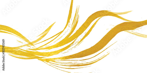 Abstract flowing golden paint strokes on white background, elegant texture.
