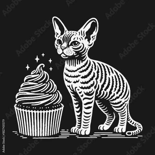 Elegant Sphynx cat standing next to a sparkling cupcake illustration.