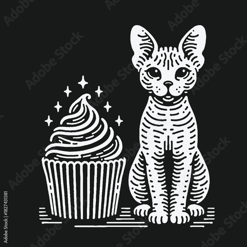 A charming black and white illustration of a Sphynx cat sitting beside a sparkling cupcake.
