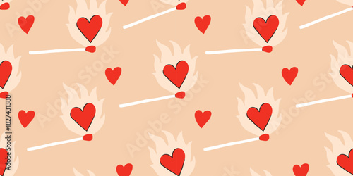 Seamless pattern with Romantic matches for Valentine's day, beige background. Perfect match, heart, flame. 8 March, Mother's day, Valentine's Day background. Textile, wrapping paper, fabric.