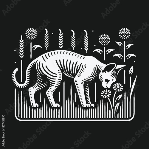 Elegant hairless cat in a stylized black and white floral meadow illustration.