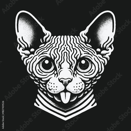 Stylized black and white line art portrait of a Sphynx cat head.