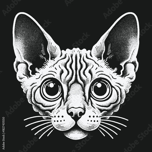 Monochrome engraving style portrait of a hairless Sphynx cat face.