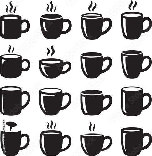 Collection of various black and white coffee and tea mug icons