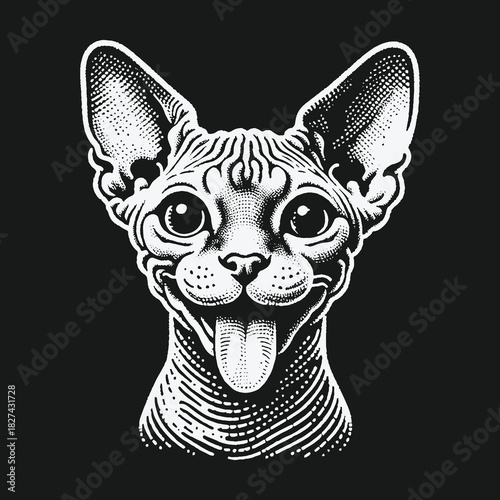 Playful Sphynx cat head with tongue out graphic illustration.