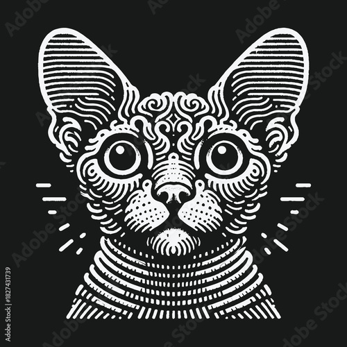 Intricate black and white line art illustration of a Sphynx cat.