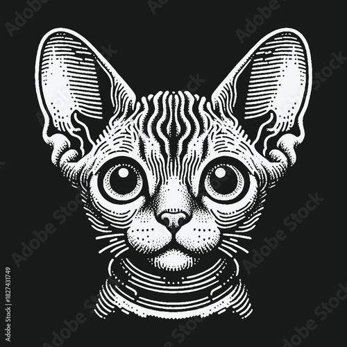 Monochrome engraving style portrait of a Sphynx cat head.