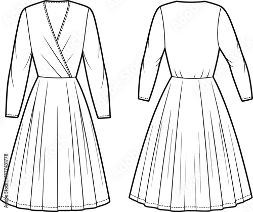 cad drawing flat vector illustration, long sleeve wrap dress sketch, pleated skirt design, tailored waist, fashion template, garment construction