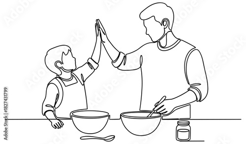 Adult and child cooking together, black and white line art, teamwork and bonding illustration, family kitchen activity scene