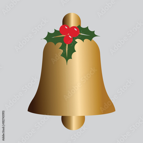 Golden christmas bell with holly and berries decoration
